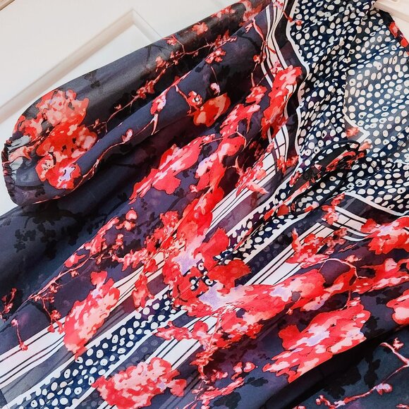 GUESS Los Angeles sz L Floral Semi-Sheer Blouse Top Long Sleeve Navy Blue Red - Picture 3 of 14